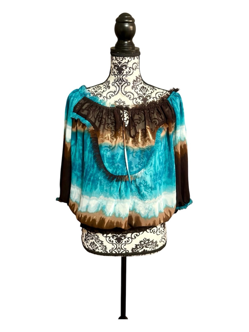 VIOLET & CLAIRE Off-Shoulder Turquoise and Brown Top